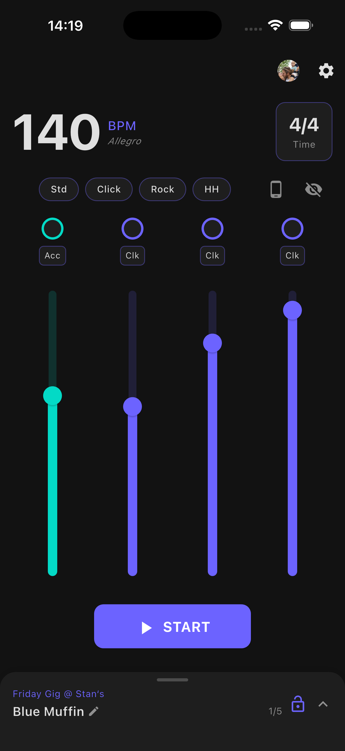 Drummer's Metronome app showing beat pattern editor with volume sliders